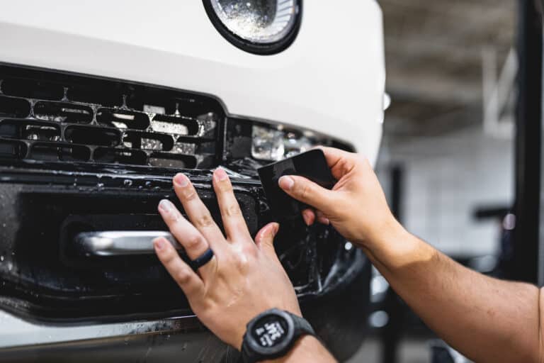 close up white Rivian R1S xpel stealth ppf